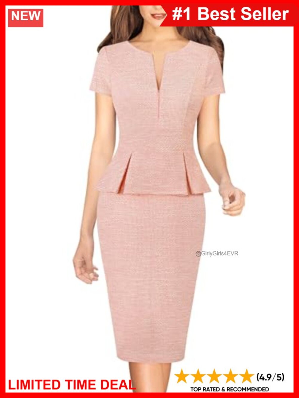 VFSHOW Women's Peplum Pencil Work Dress with Front Zipper